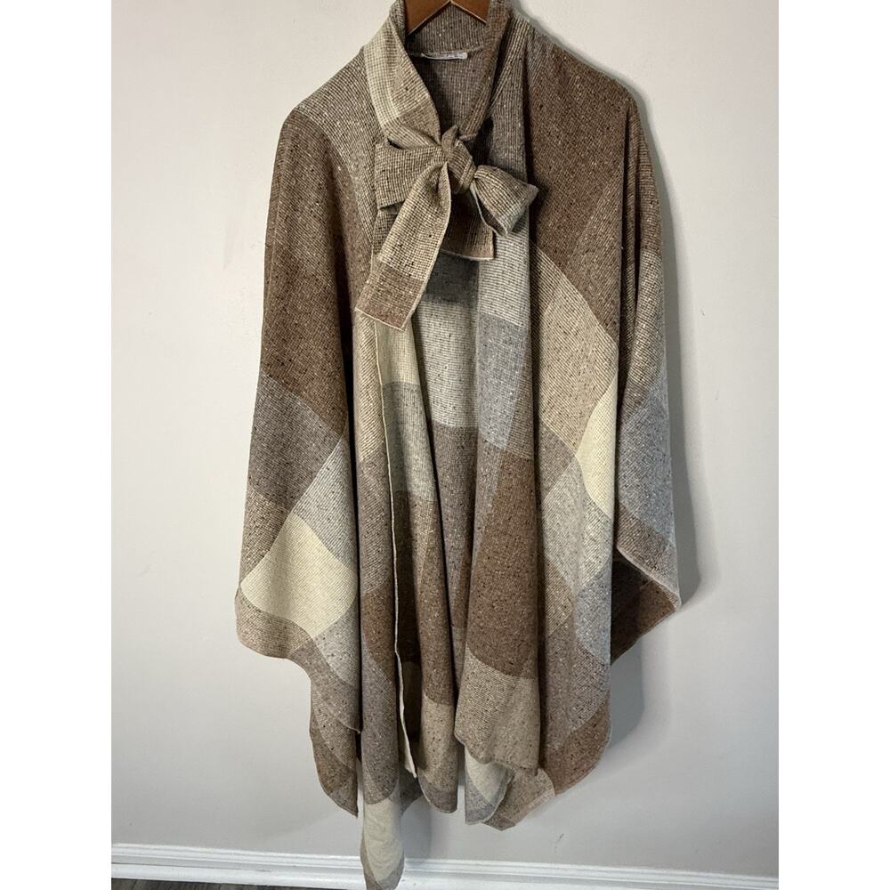 Y2K Handcrafted Plaid Shawl Wrap Poncho Wool Blend Beige 80s Hippie Boho One SZ